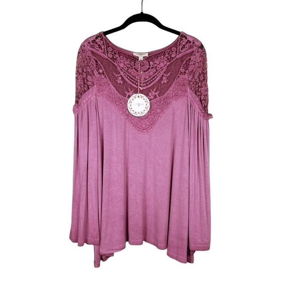 NWT Umgee Pink Lace Bell Sleeve Keyhole Back Tunic Top Size S - Picture 2 of 5